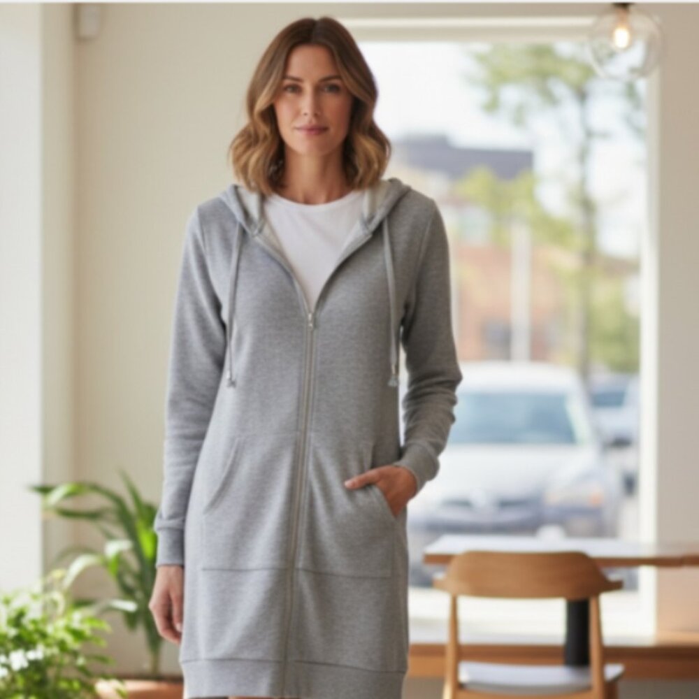 Zeagoo Longline Full Zip Hoodie Fleece Lined Sz S Gray‎ #253A